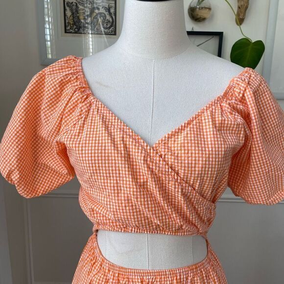 Sim & Sam Nordstrom Orange Gingham Micro Check Bare Midriff Midi Dress L - Picture 2 of 8